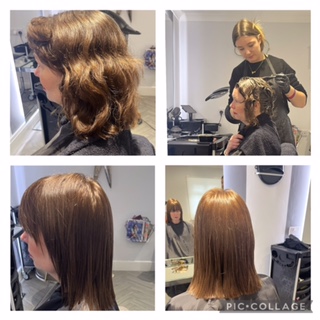 3 x images of beautifully styled hair, 1 x image of Sidmouth hairdresser at work