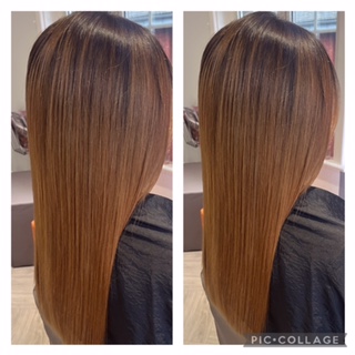 Beautifully coloured and cut straight, brown hair